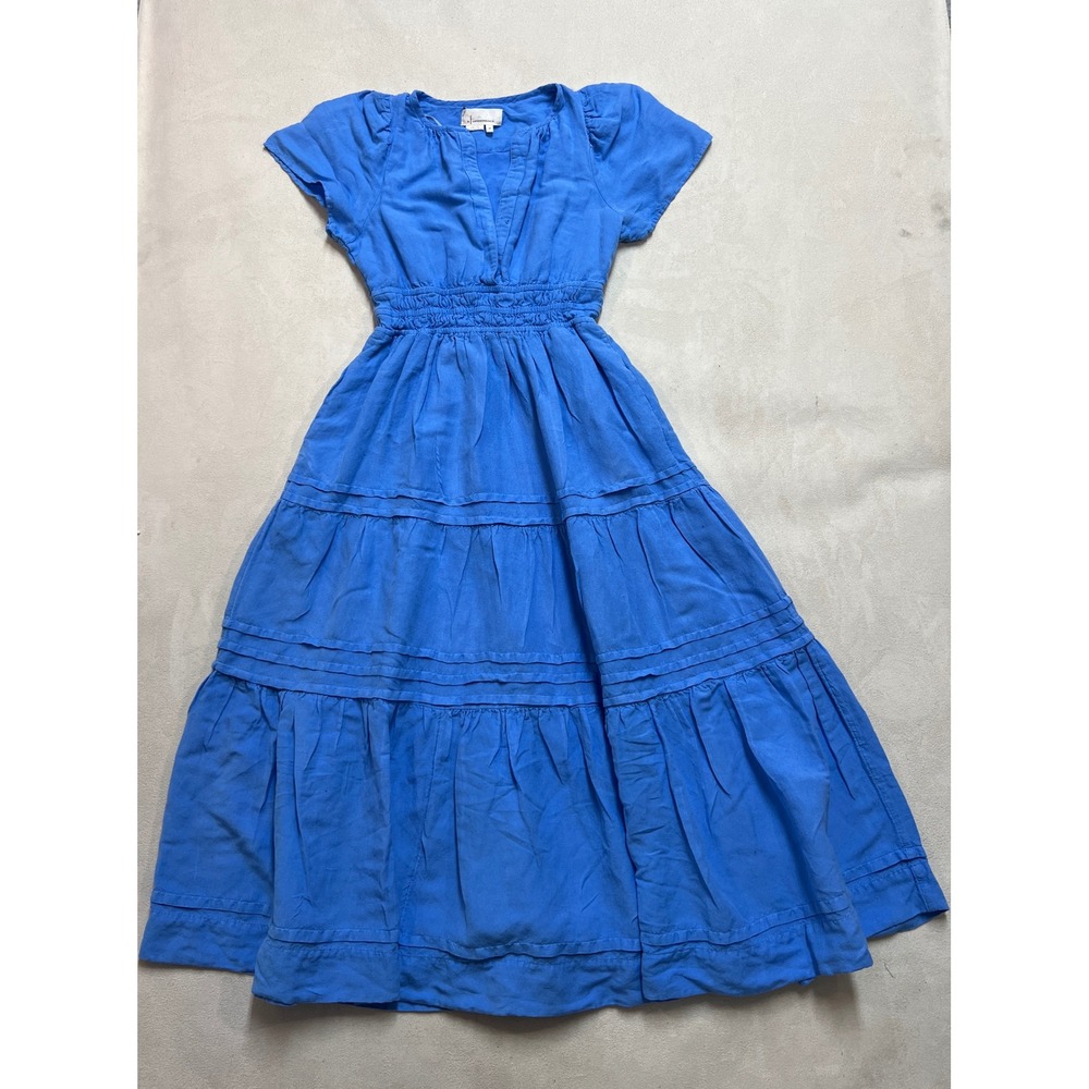 By Anthropologie Somerset Maxi Dress Blue Linen Blend Smocked Tiered Boho XS